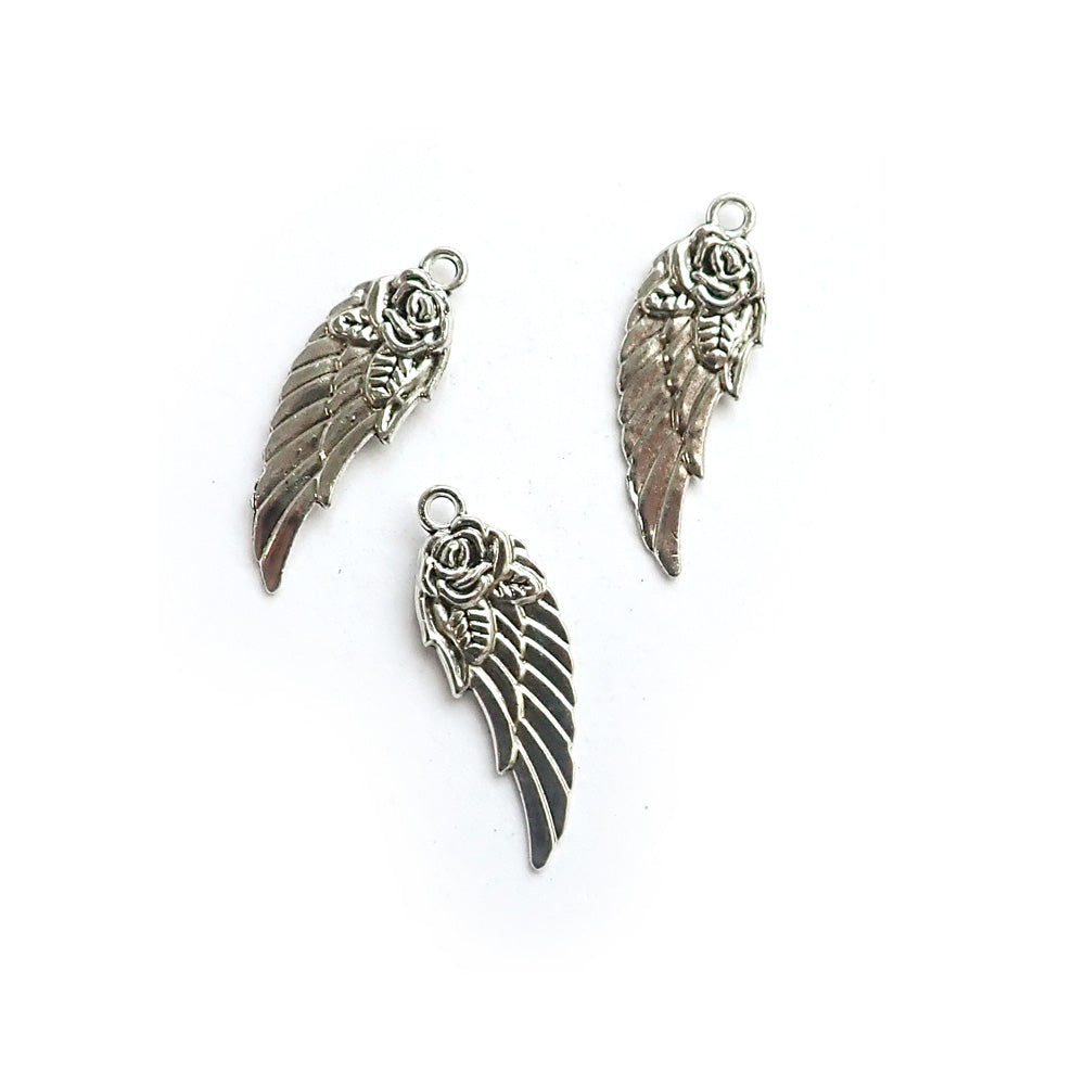 Angel Wing &amp; Rose Metal Charms, Silver Tone, 3 charms, for jewelry making &amp; crafts