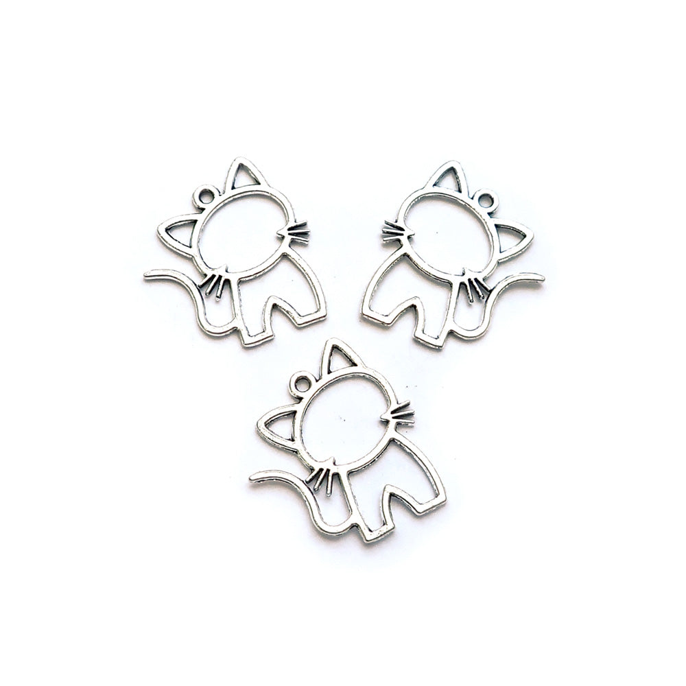 Cat Metal Charms, Outline Style, Silver Tone, about 3 charms, for jewelry making & crafts