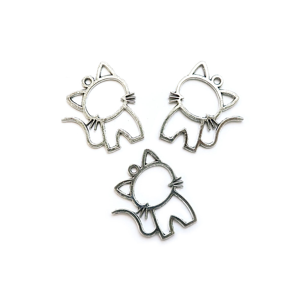 Cat Metal Charms, Outline Style, Silver Tone, about 3 charms, for jewelry making &amp; crafts