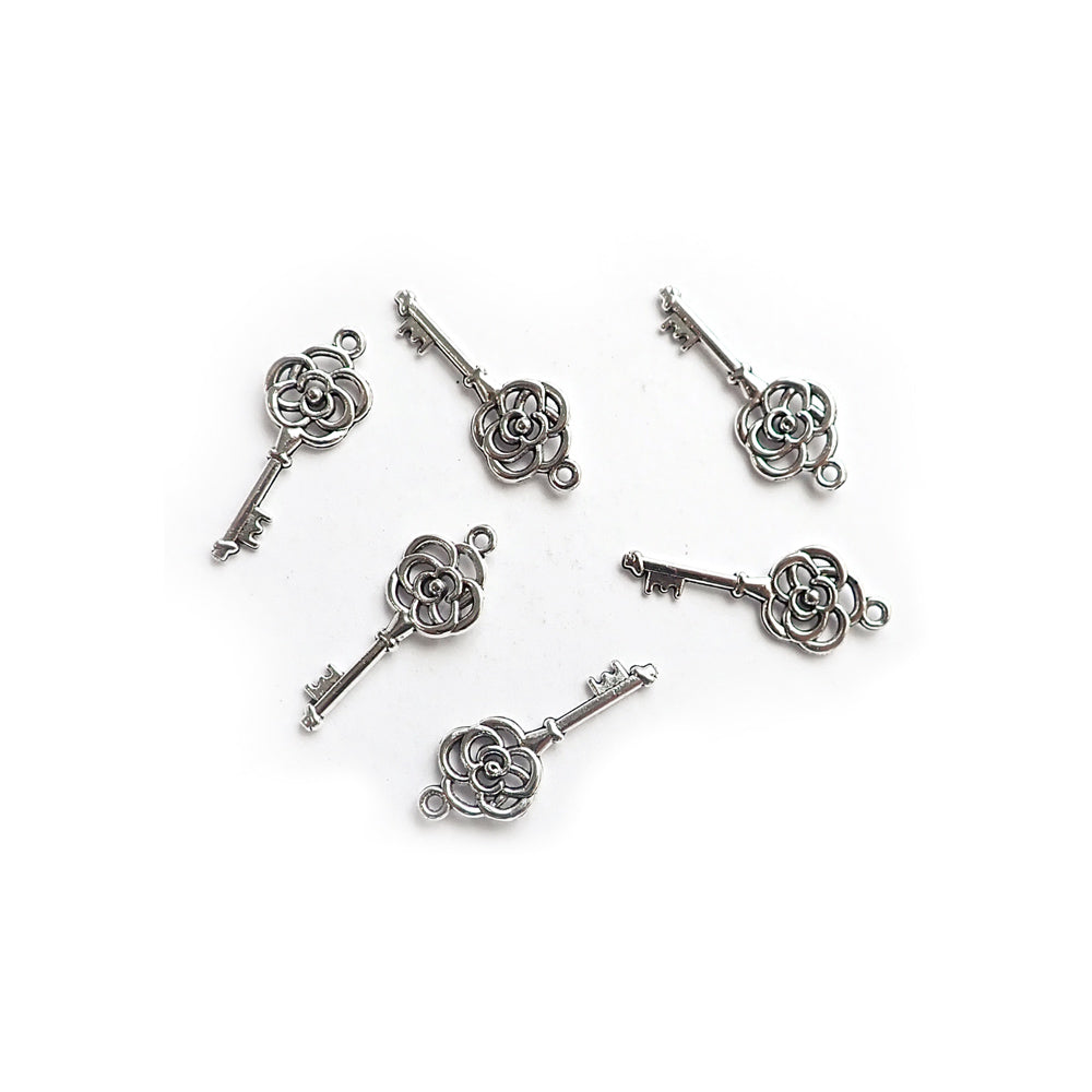 Rose Key Metal Charms, Silver Tone, about 6 charms, for making bracelets &amp; jewelry