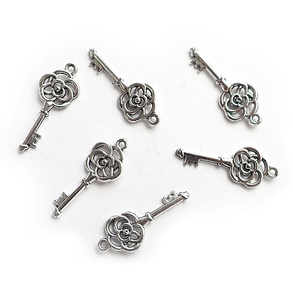 Rose Key Metal Charms, Silver Tone, about 6 charms, for making bracelets &amp; jewelry
