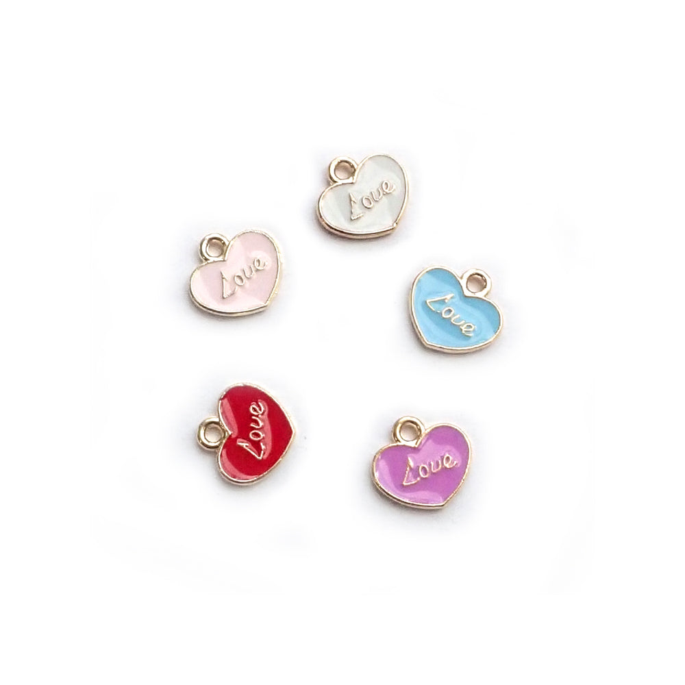 Enamel Heart Love Word Metal Charms, Mixed Colors, 5 charms, for making bracelets &amp; jewelry