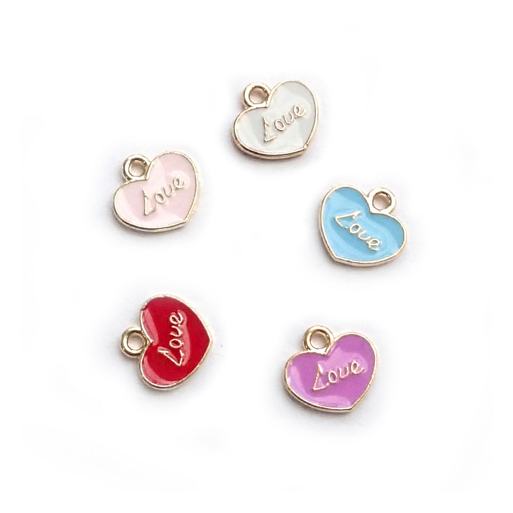 Enamel Heart Love Word Metal Charms, Mixed Colors, 5 charms, for making bracelets &amp; jewelry