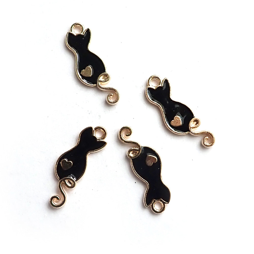 Enamel Cat w/ Curly Tail Metal Charms, Black, 4 charms, for jewelry making &amp; crafts