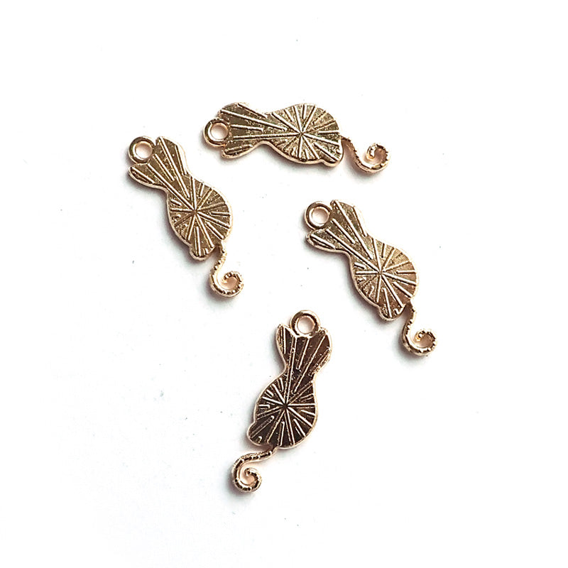 Enamel Cat w/ Curly Tail Metal Charms, Black, 4 charms, for jewelry making & crafts