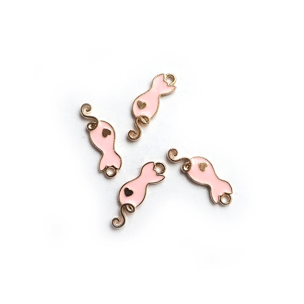 Enamel Cat w/ Curly Tail Metal Charms, Pink, 4 charms, for jewelry making &amp; crafts