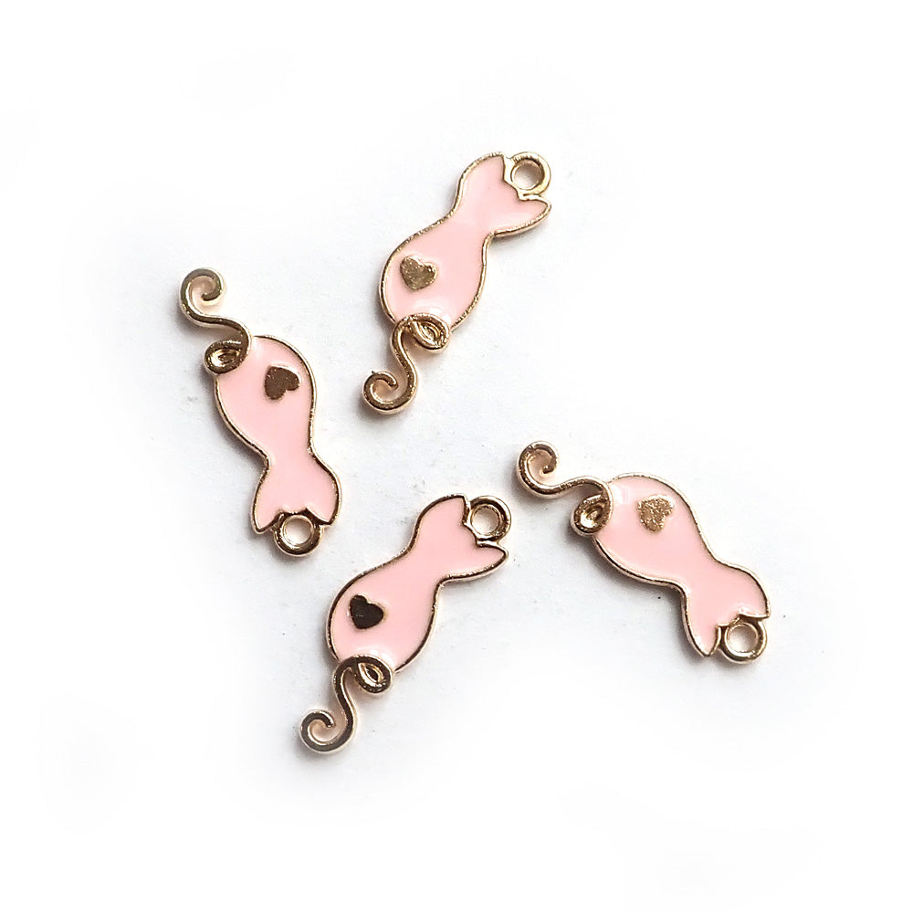 Enamel Cat w/ Curly Tail Metal Charms, Pink, 4 charms, for jewelry making &amp; crafts