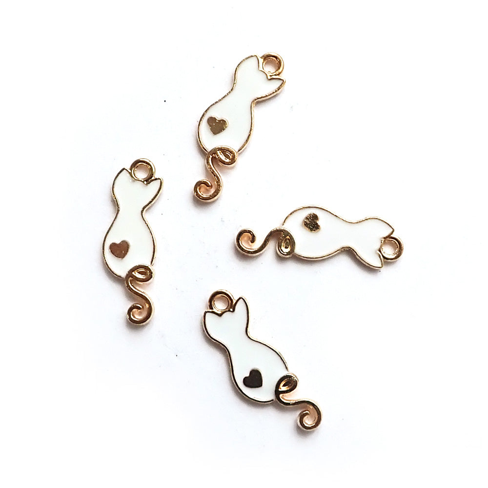 Enamel Cat w/ Curly Tail Metal Charms, White, 4 charms, for jewelry making &amp; crafts