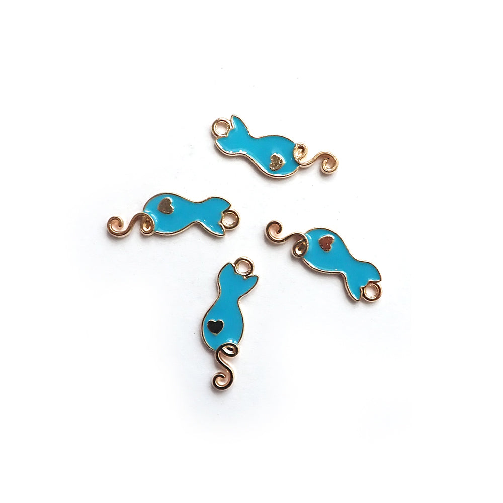 Enamel Cat w/ Curly Tail Metal Charms, Turquoise, 4 charms, for jewelry making &amp; crafts