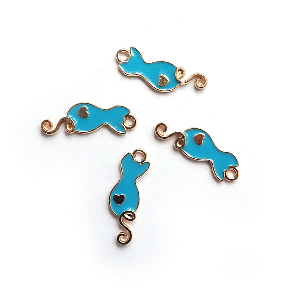 Enamel Cat w/ Curly Tail Metal Charms, Turquoise, 4 charms, for jewelry making & crafts