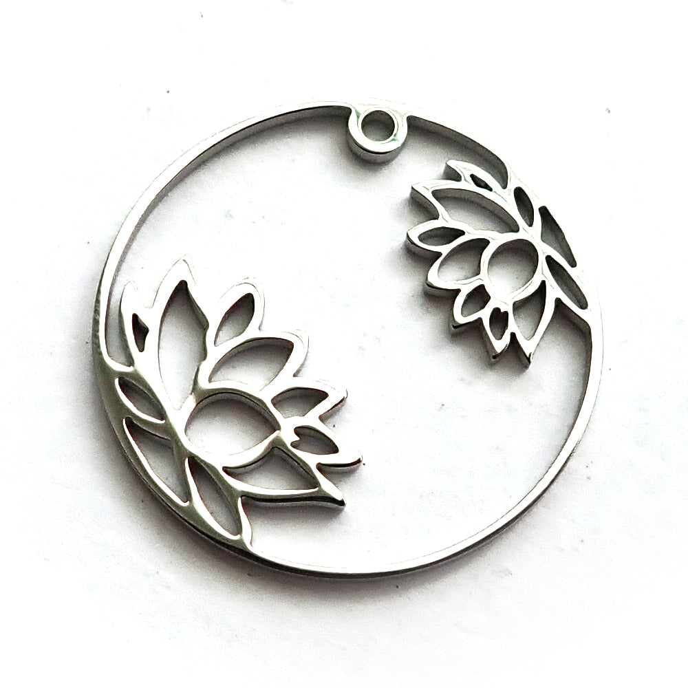 Lotus Circle Silver Stainless Steel 1&quot; Metal Charm, 1 Charm