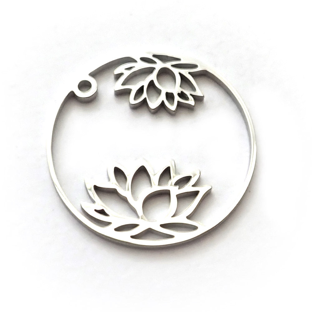 Lotus Circle Silver Stainless Steel 1&quot; Metal Charm, 1 Charm