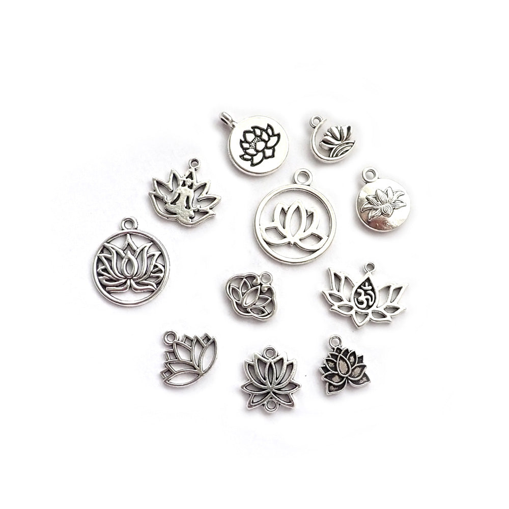 Lotus Theme Metal Charms, Mixed Shapes, Silver Tone, 11 charms, for jewelry making & crafts