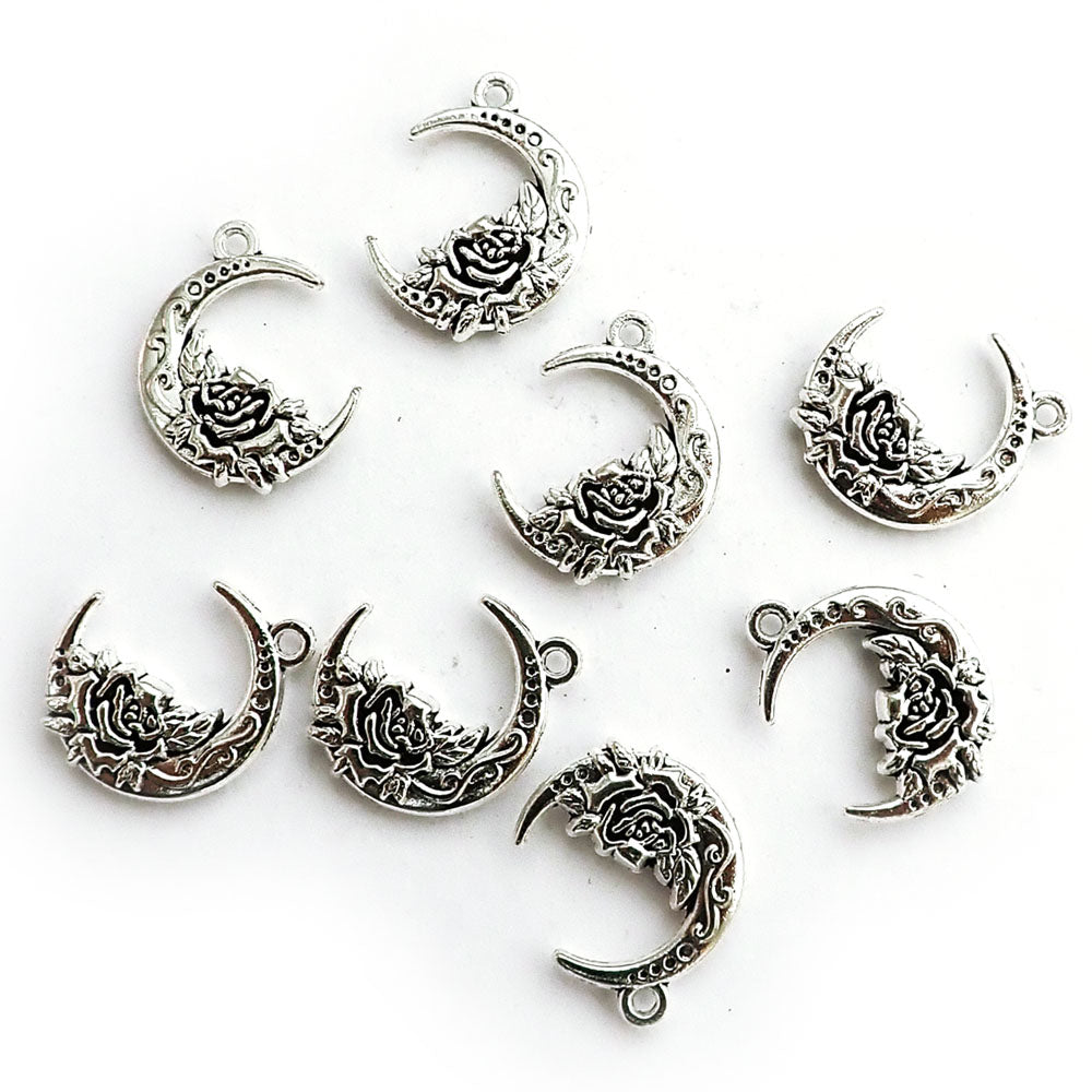 Ornate Moon Rose Charms, Silver Tone Color, 5 charms, for making bracelets &amp; jewelry