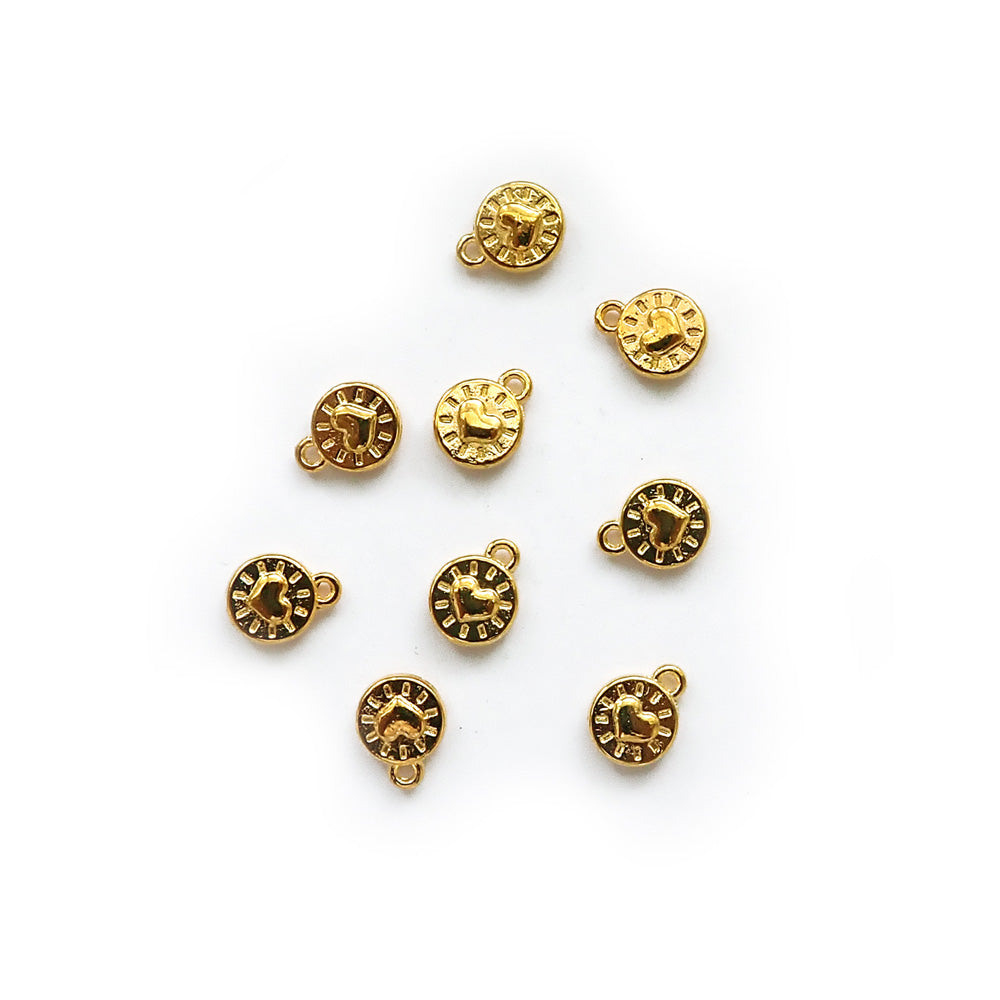 Round Heart Metal Charms, Gold Tone Color, about 9 charms, for making bracelets &amp; jewelry