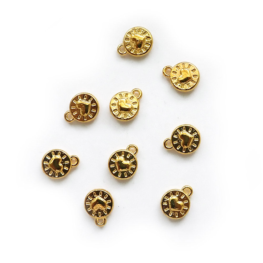 Round Heart Metal Charms, Gold Tone Color, about 9 charms, for making bracelets &amp; jewelry