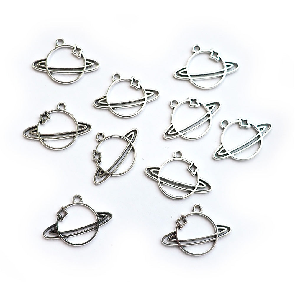 Saturn Planet Metal Charms, Silver Tone, 10 charms, for making bracelets &amp; jewelry