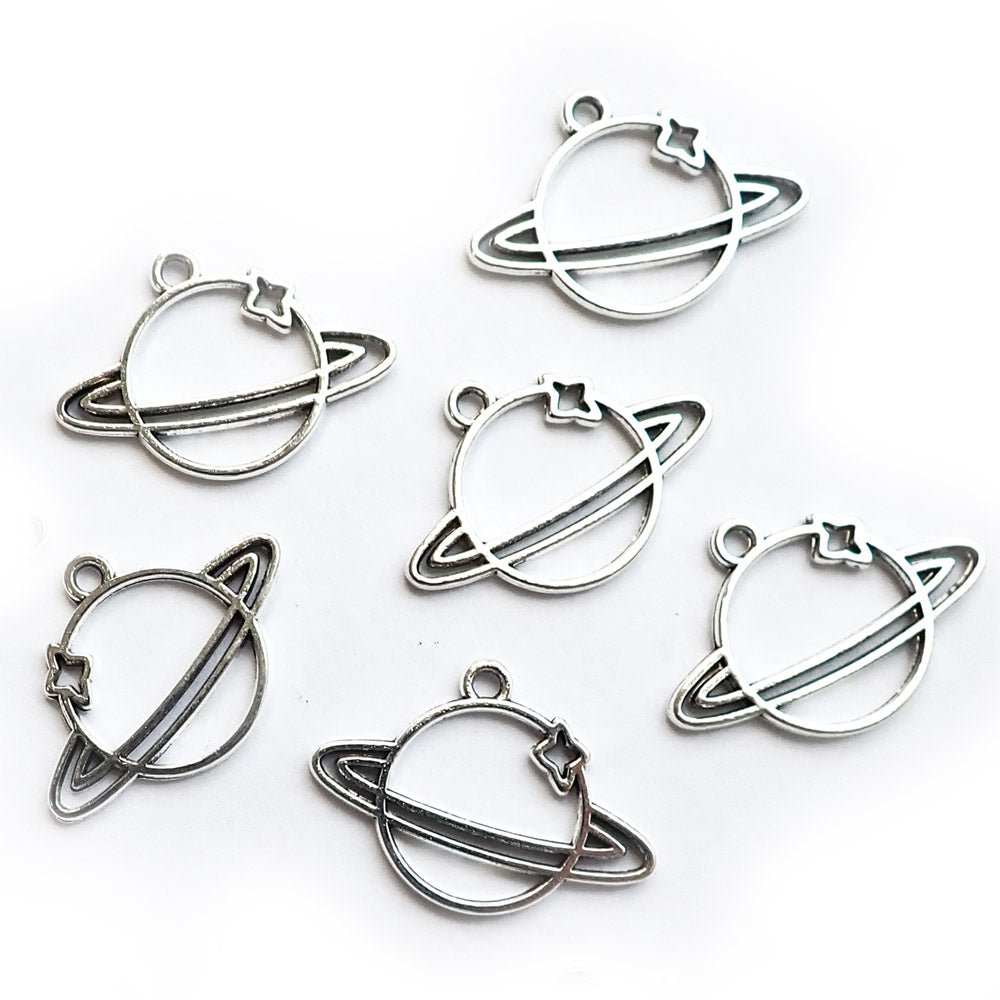 Saturn Planet Metal Charms, Silver Tone, 10 charms, for making bracelets &amp; jewelry