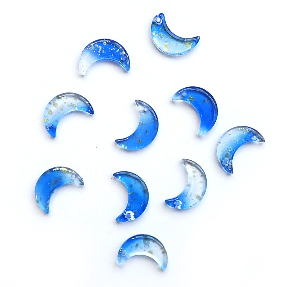 Glass Moon Charms, Blue w/ Gold Flecks, about 10 charms, for making bracelets &amp; jewelry