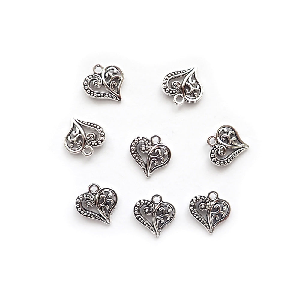 Heart Metal Charms w/ scroll designs, Silver Tone Color, about 8 charms, for making bracelets &amp; jewelry