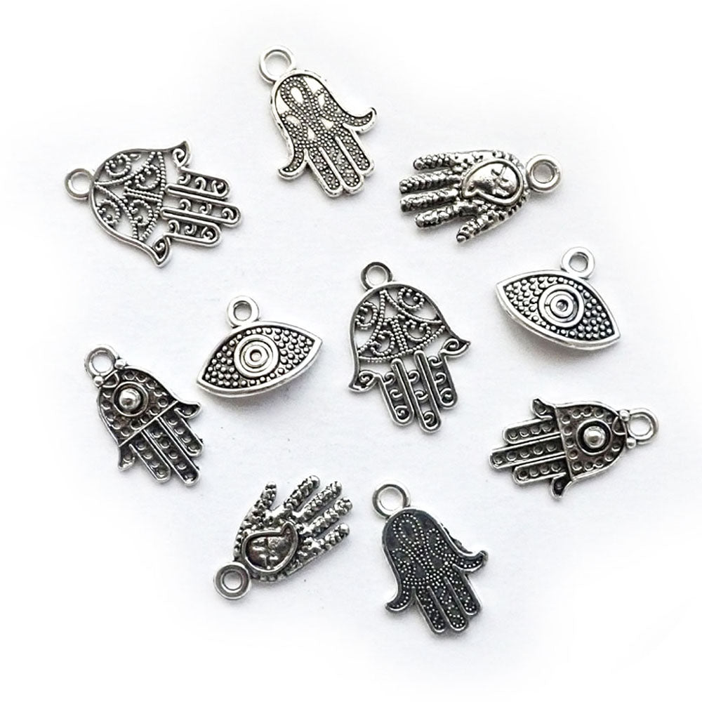 Hamsa Hand &amp; Evil Eye Metal Charm Mix, Silver Tone, 10 charms