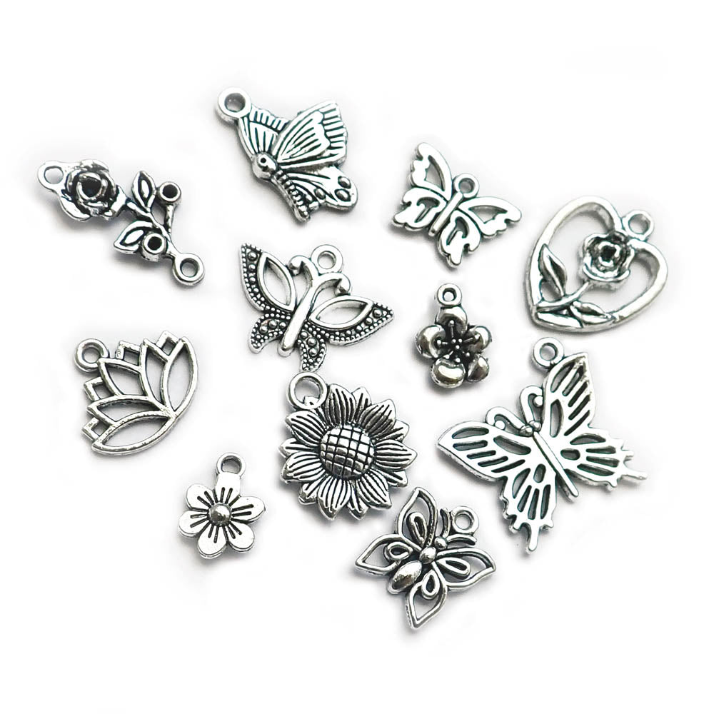 Butterfly &amp; Flower Charm Mix, Silver Tone, about 11 charms, for making bracelets &amp; jewelry