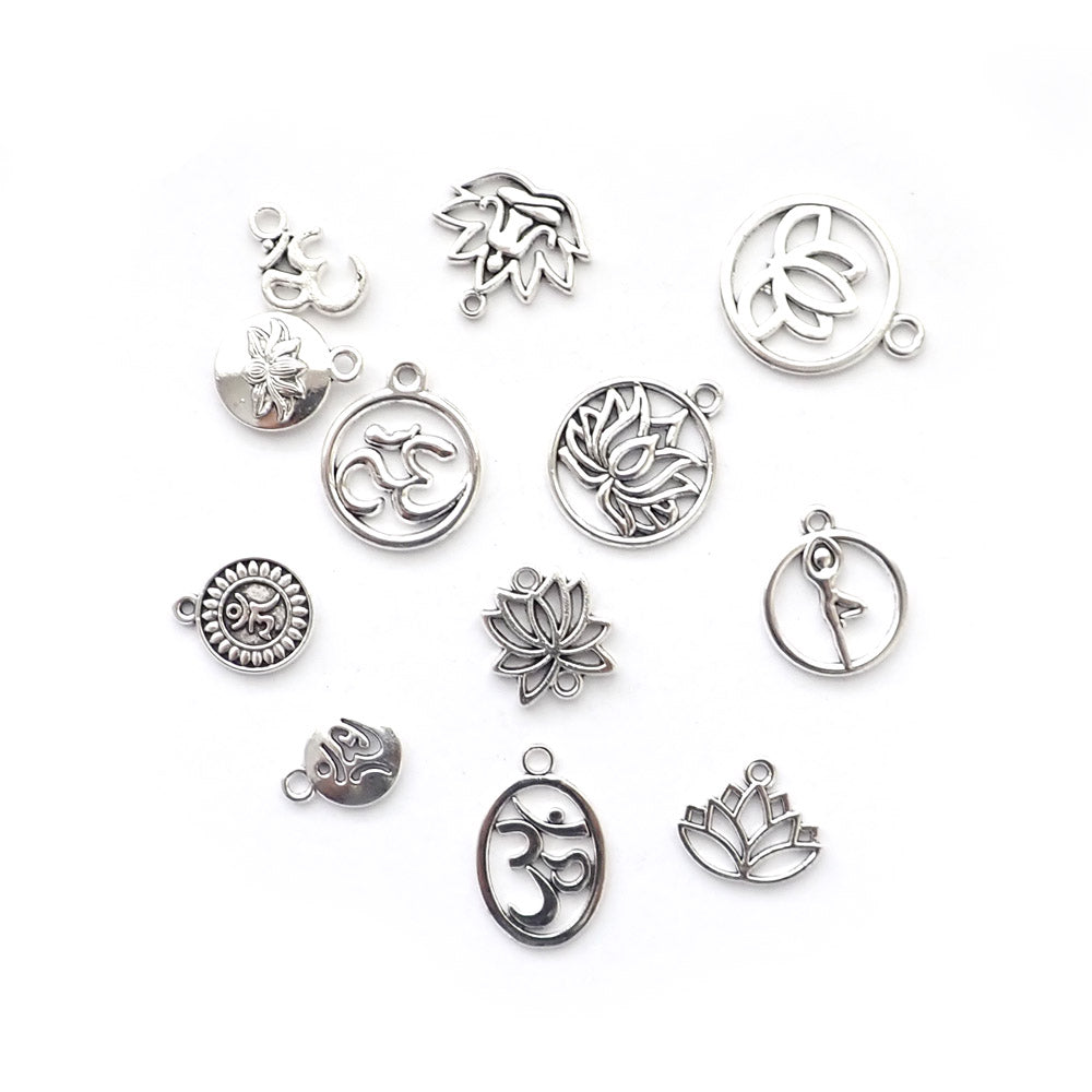 Yoga Zen Theme Metal Charms, Mixed Shapes, Silver Tone Color, 12 charms
