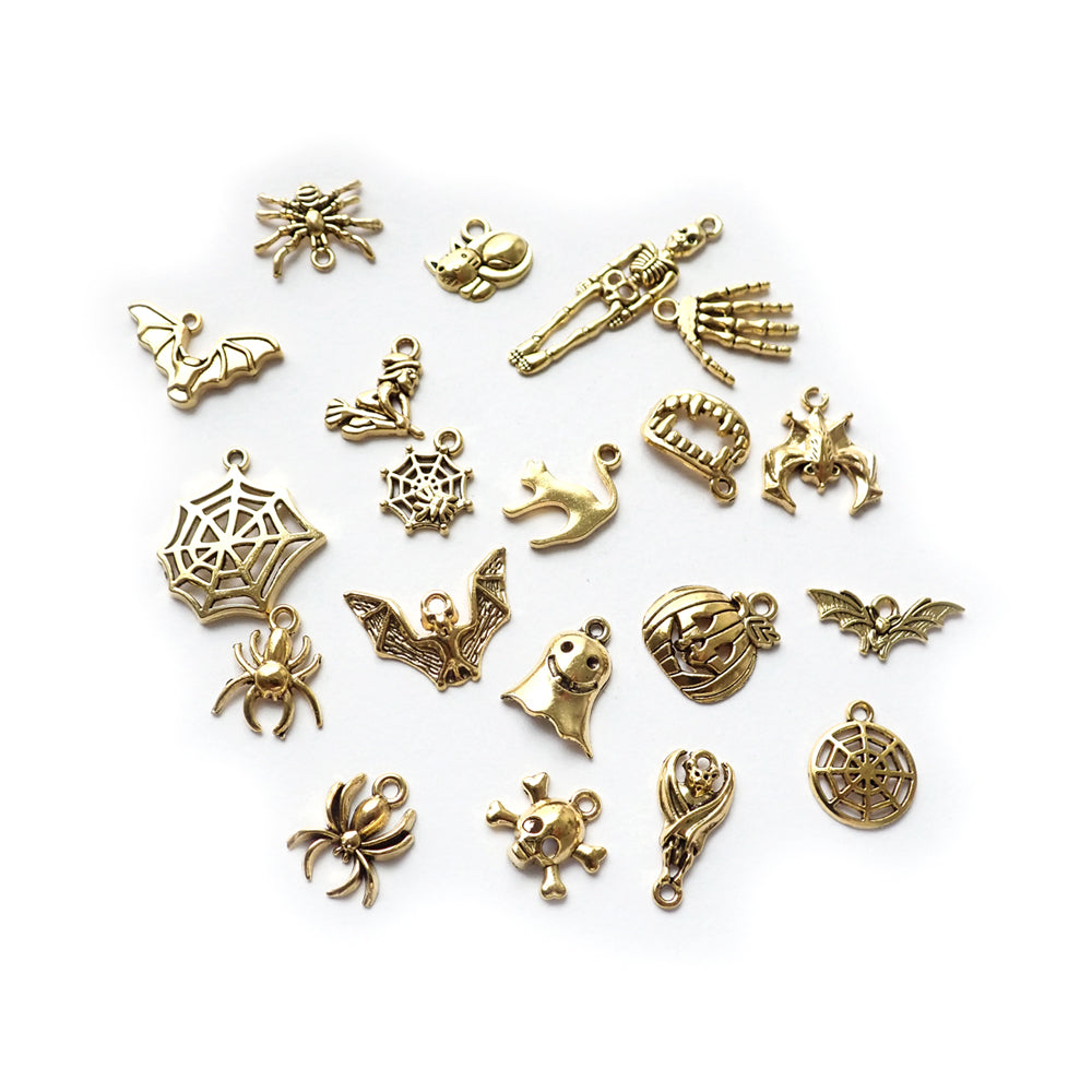 Halloween Theme Metal Charms, Mix Shapes, Antique Gold Tone, 20 charms