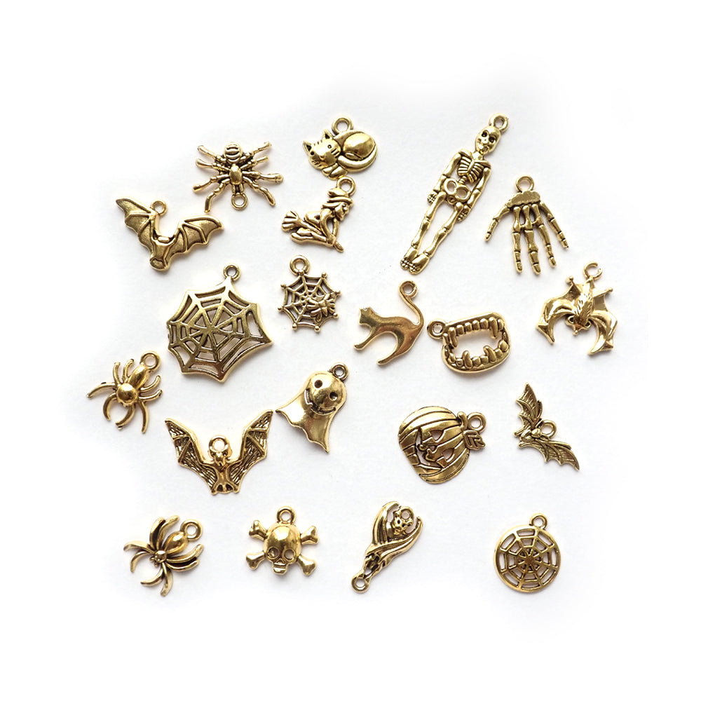 Halloween Theme Metal Charms, Mix Shapes, Antique Gold Tone, 20 charms
