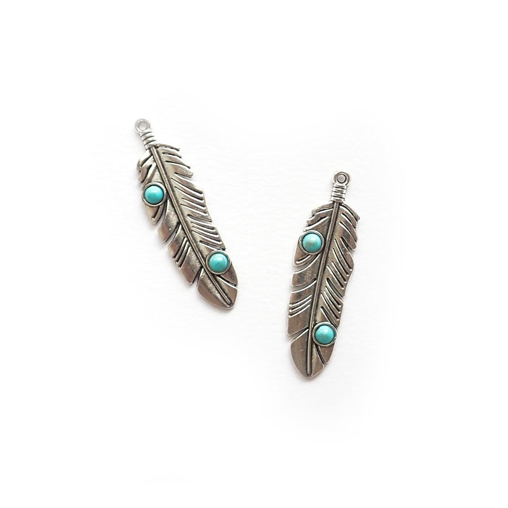 Feather Pendant Charms, Silver Tone w/ Faux Turquoise, 2 charms
