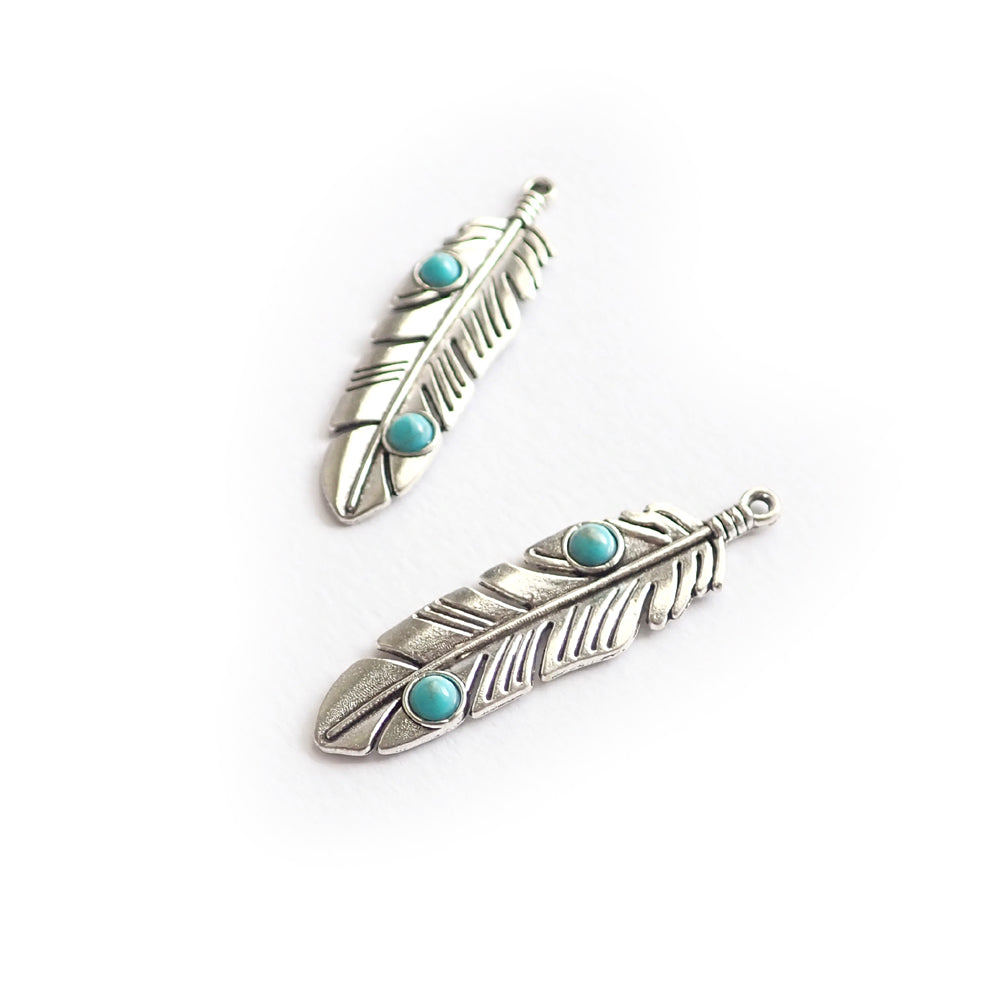 Feather Pendant Charms, Silver Tone w/ Faux Turquoise, 2 charms