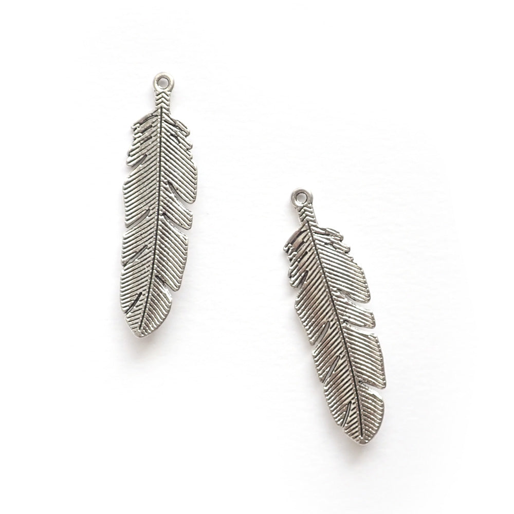 Feather Pendant Charms, Silver Tone w/ Faux Turquoise, 2 charms