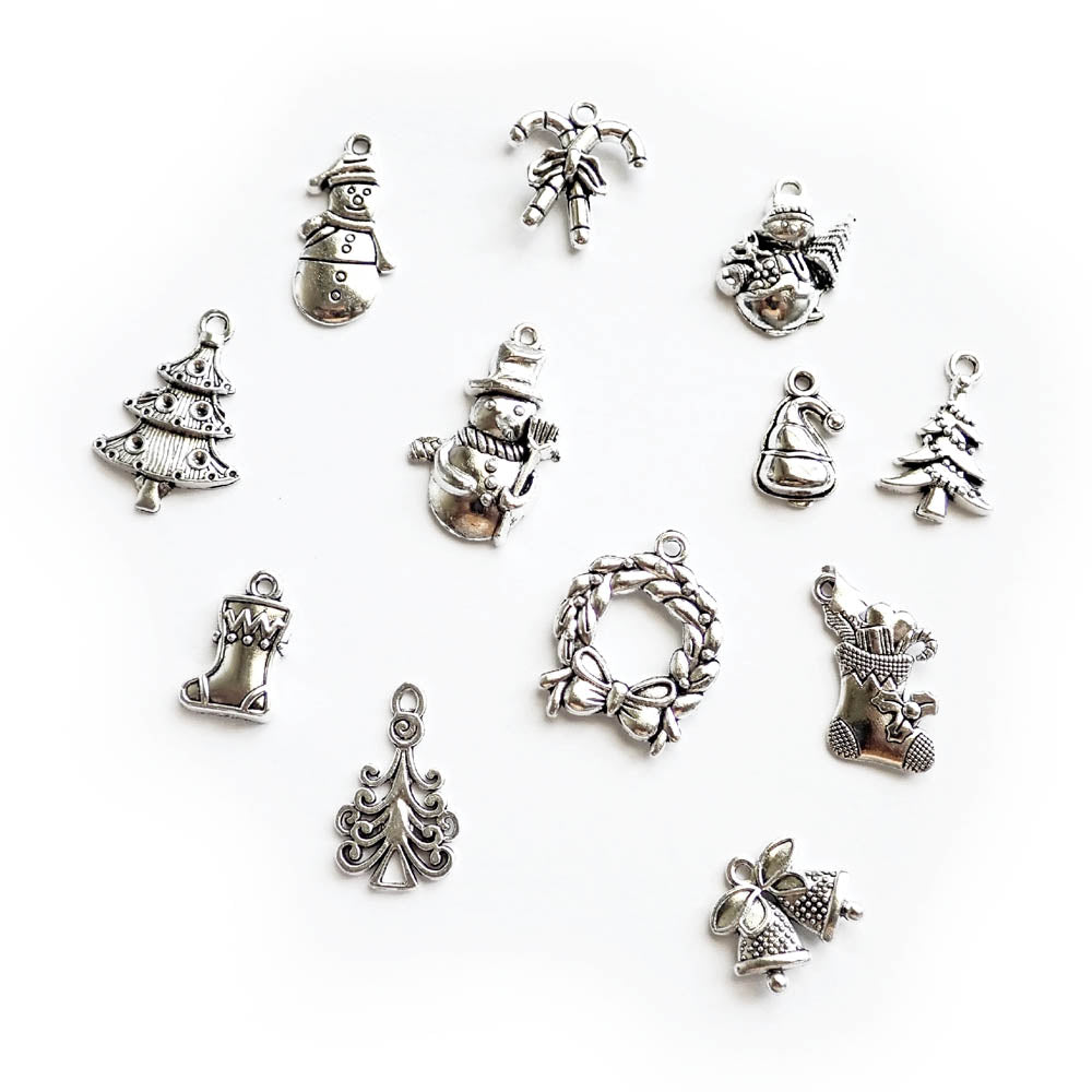 Christmas Metal Charm Mix, Silver Tone, about 12 charms