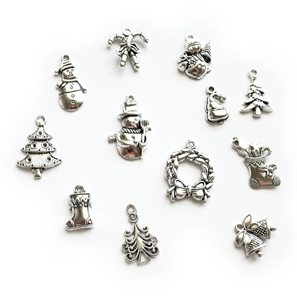 Christmas Metal Charm Mix, Silver Tone, about 12 charms
