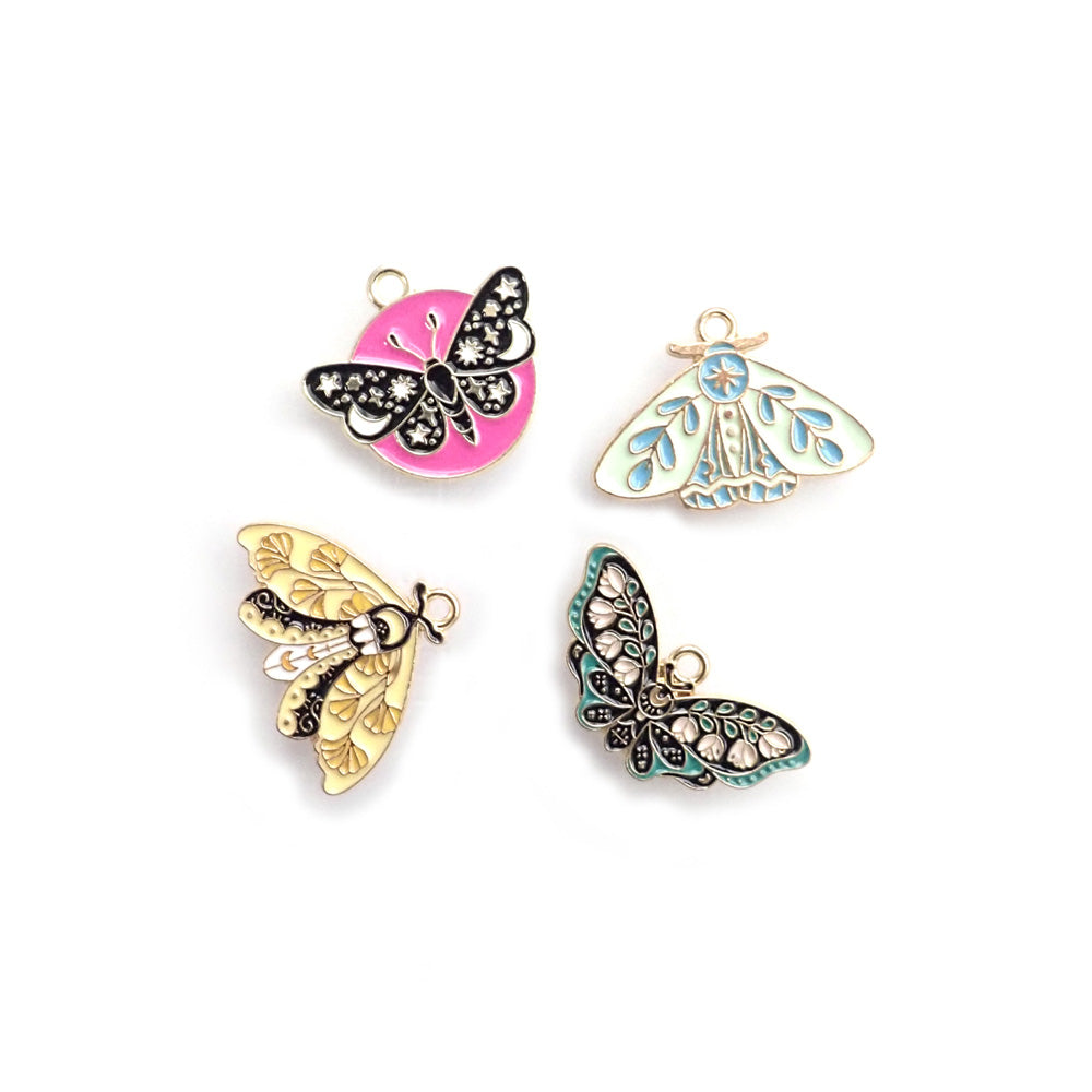 Butterfly &amp; Moth Enamel Metal Charm Mix, 4 charms, for making bracelets &amp; jewelry