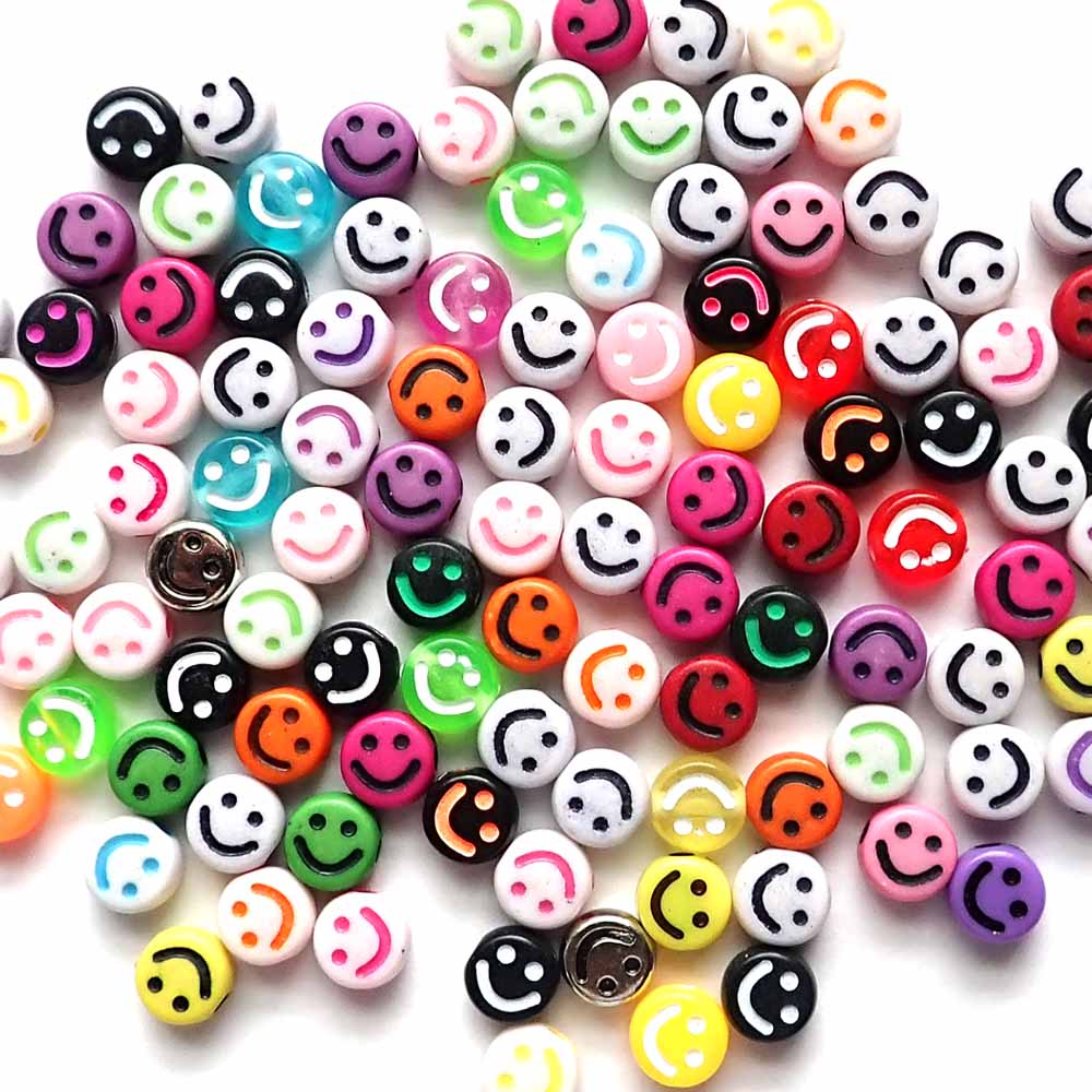 7mm Round Plastic Beads w/ Smiley Faces, Random colors, about 100 beads