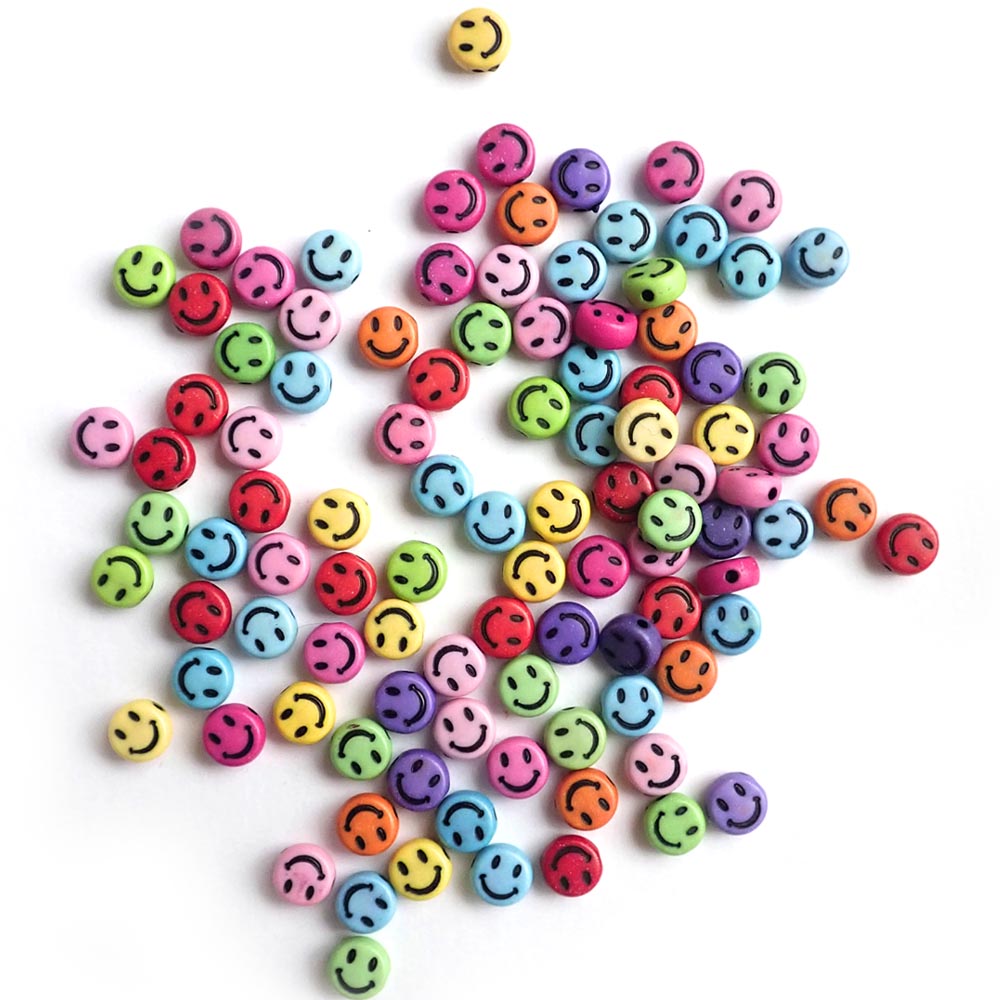 Rainbow Colors 7mm Round Beads w/ Smiley Faces, about 100 beads