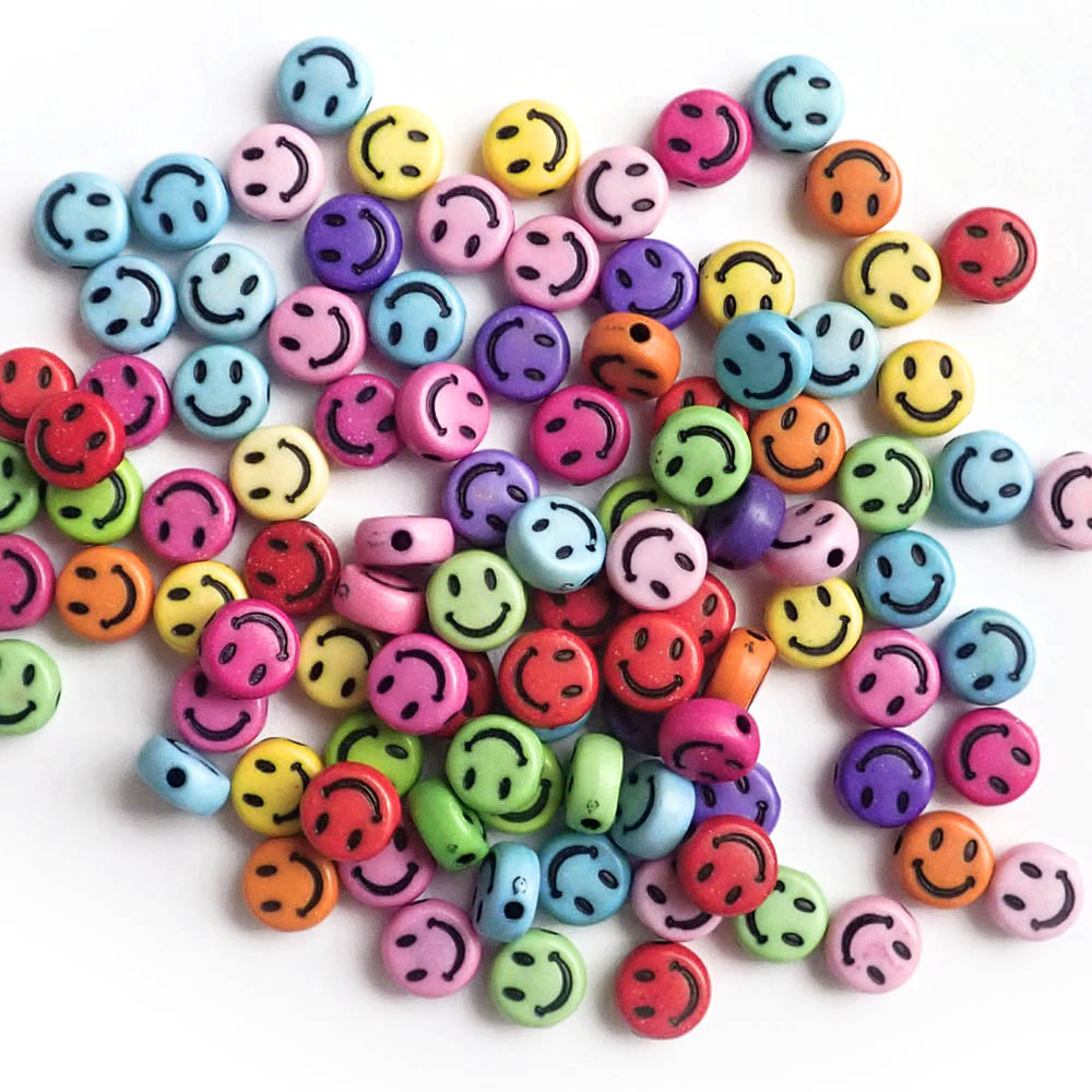 Rainbow Colors 7mm Round Beads w/ Smiley Faces, about 100 beads