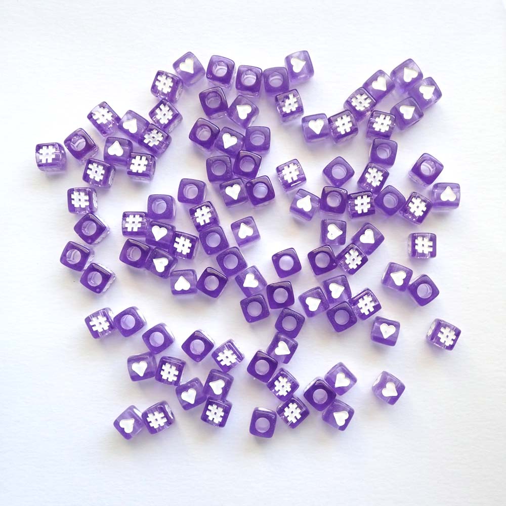 Purple 7mm Plastic Cube Beads w/ Hearts &amp; Hashtags Random Mix, about 100 beads