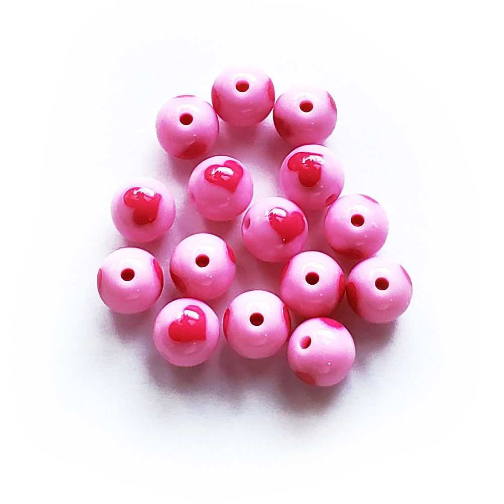 12mm Round Plastic Beads Pink w/ Red Heart, 15 beads