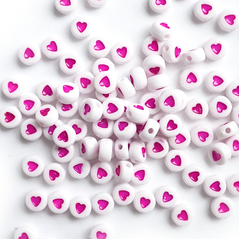 7mm White Round Plastic Beads w/ Pink Hearts, about 100 beads