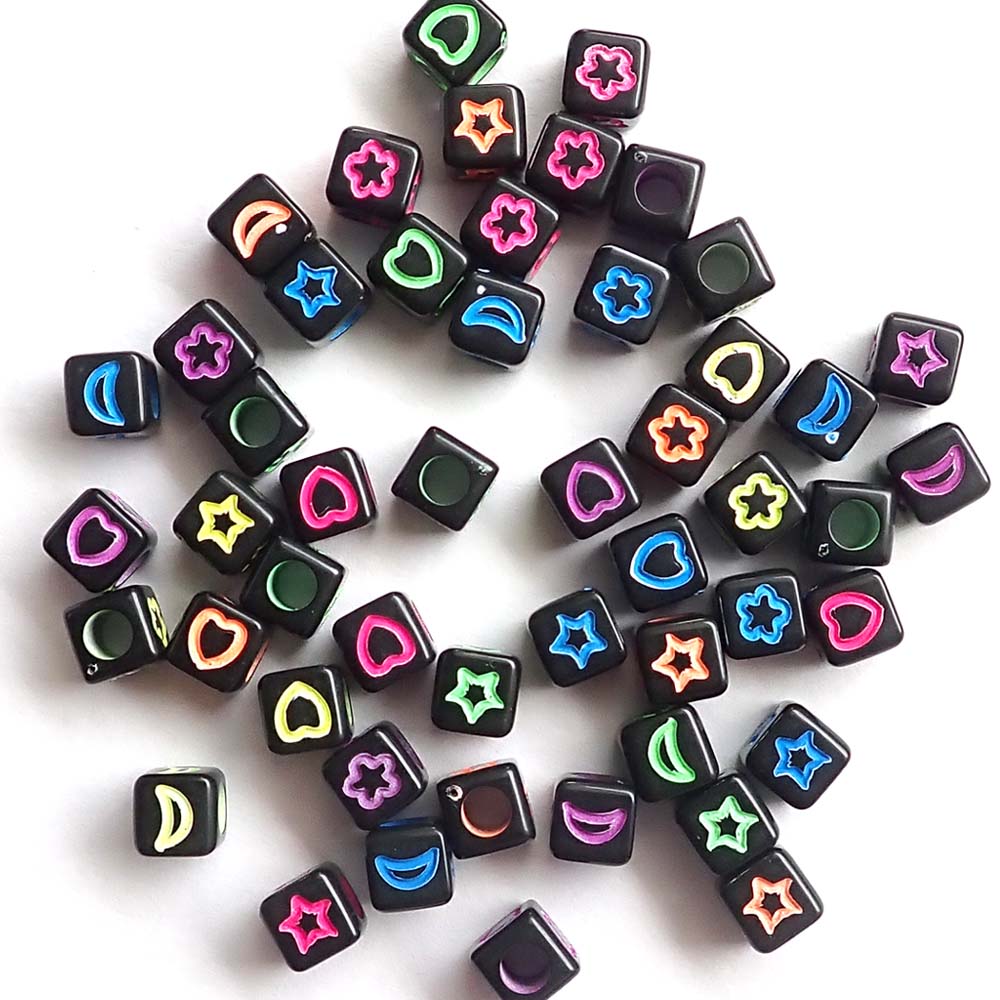 Black Cube Beads w/ Neon Symbols, 5-6mm, Random Colors, about 50 beads