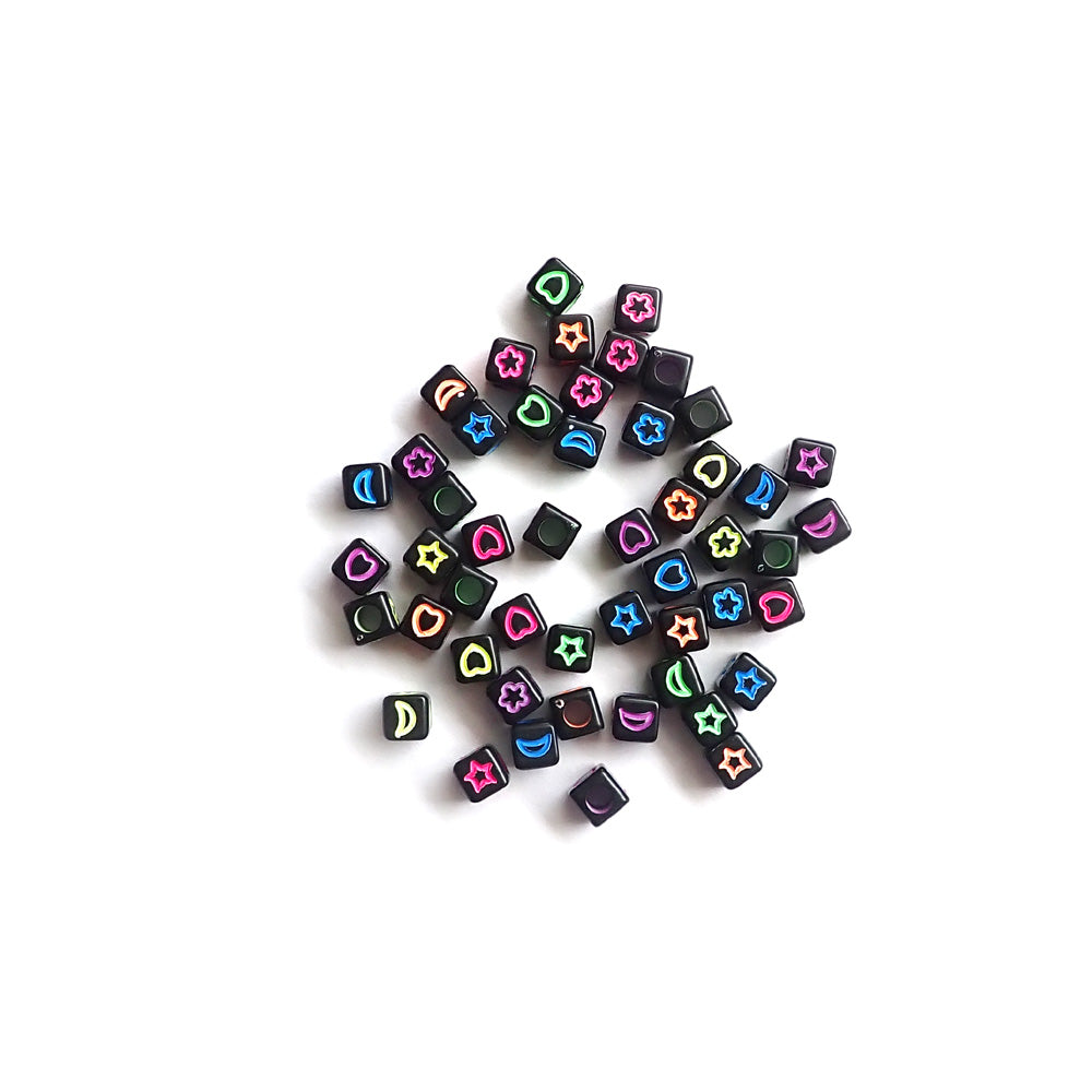Black Cube Beads w/ Neon Symbols, 5-6mm, Random Colors, about 50 beads