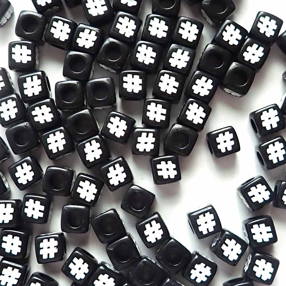 7mm Black Cube Plastic Beads w/ White Hashtags, about 100 beads