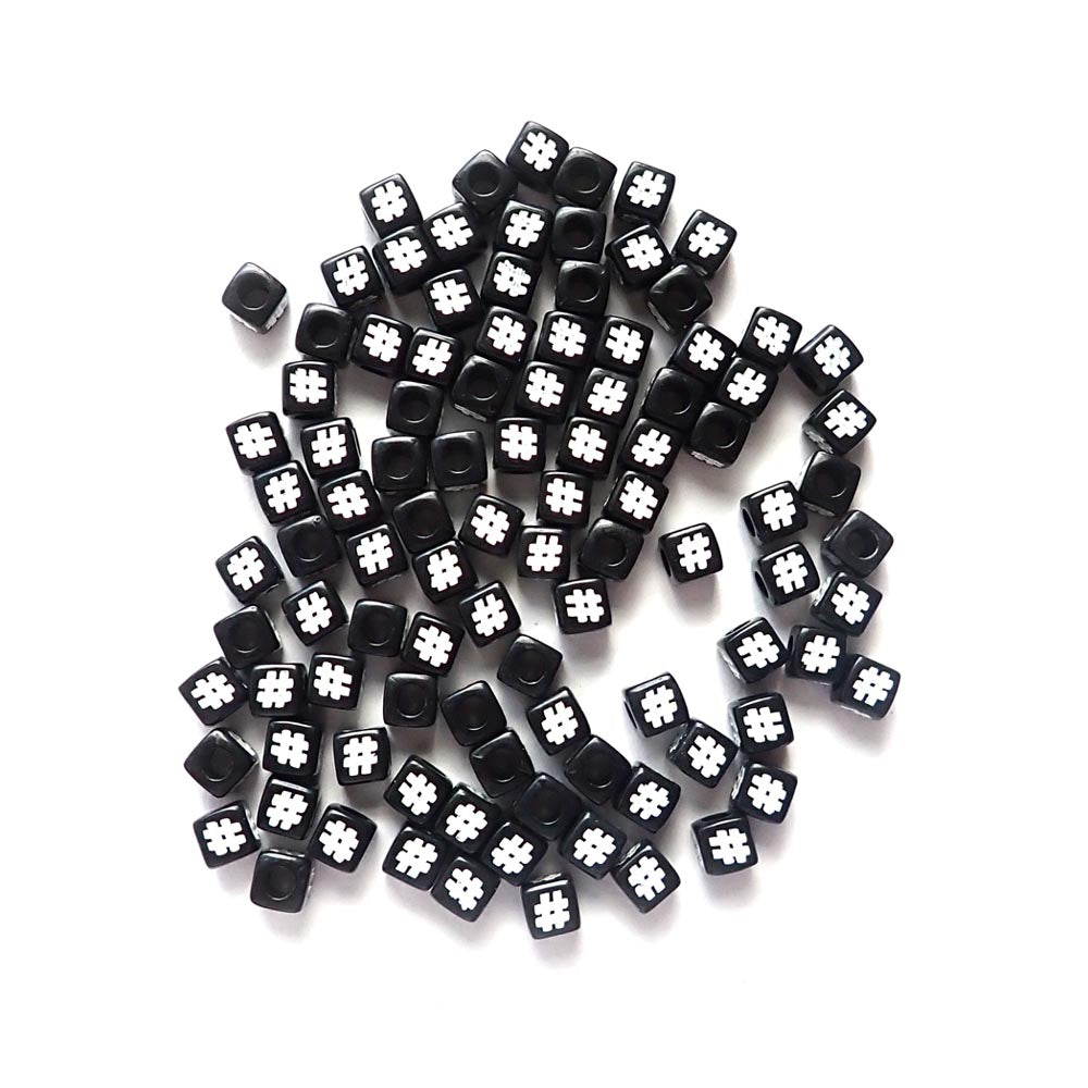 7mm Black Cube Plastic Beads w/ White Hashtags, about 100 beads