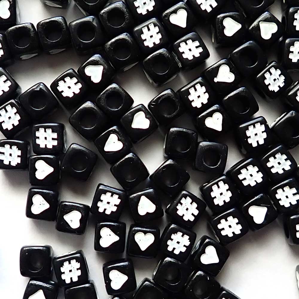 7mm Black Cube Plastic Beads Hearts &amp; Hashtags Random Mix, about 100 beads