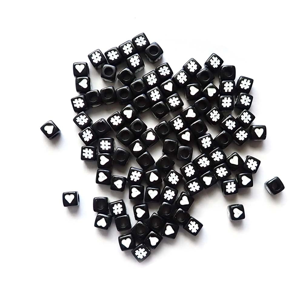 7mm Black Cube Plastic Beads Hearts & Hashtags Random Mix, about 100 beads