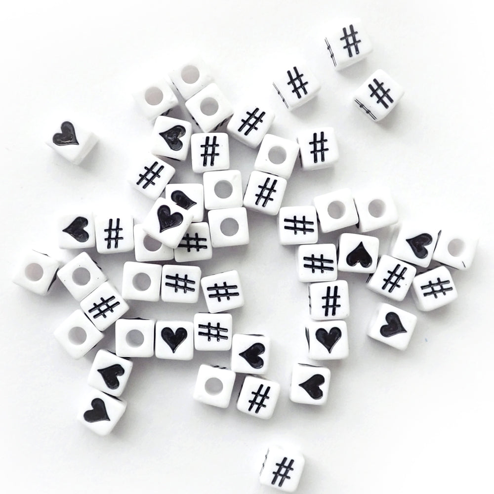 8mm White Cube Beads w/ Black Hearts &amp; Hashtags Random Mix (vertical hole), about 50 beads