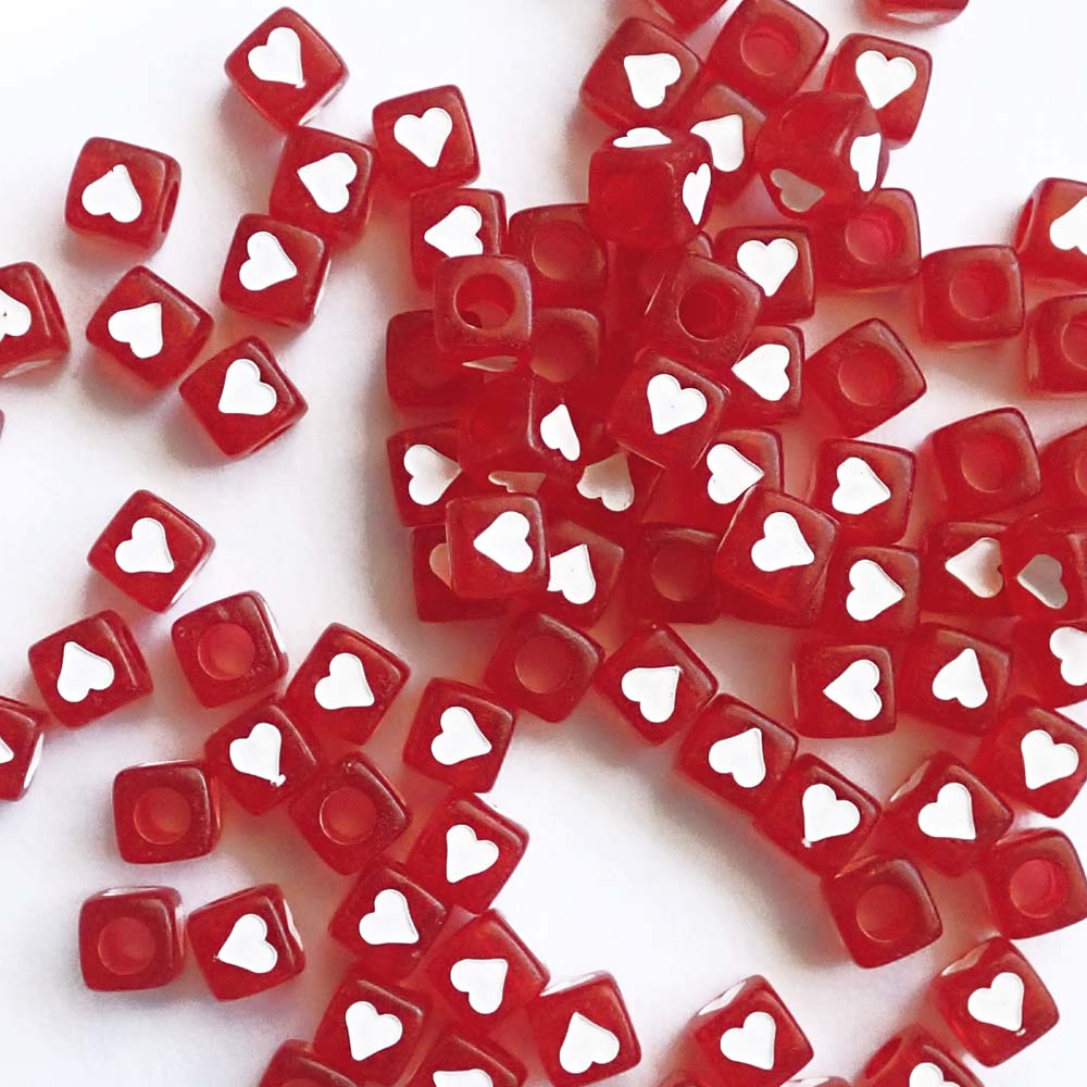 7mm Red Cube Beads w/ White Hearts, about 100 beads
