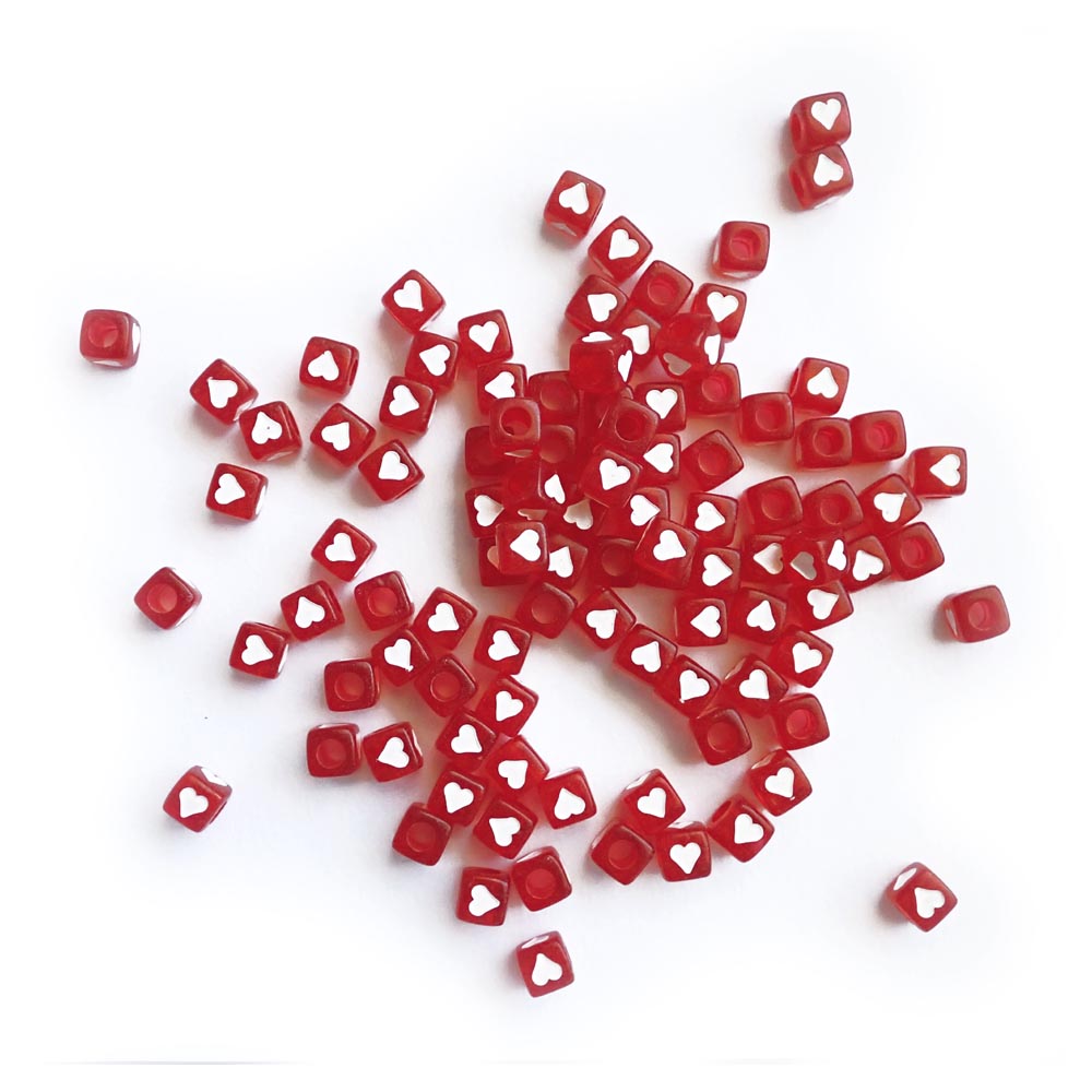7mm Red Cube Beads w/ White Hearts, about 100 beads